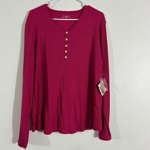 Bit & Bridle Womens XL Pink Long Sleeve Ribbed Knit Button Up Top with Lace Trim